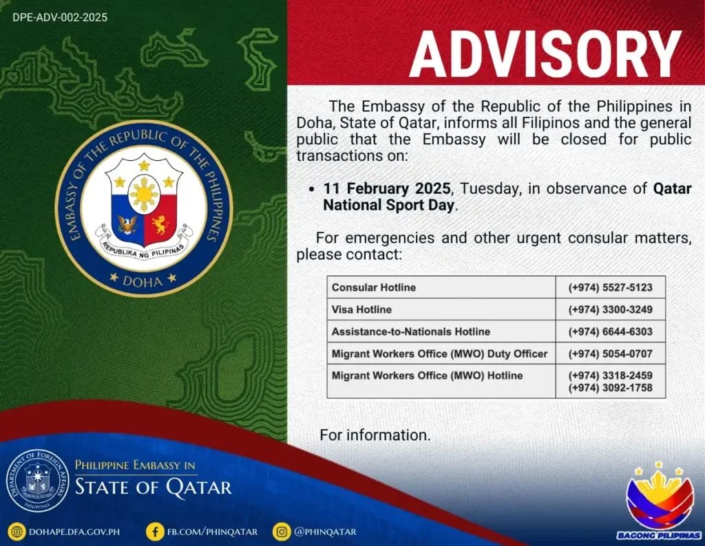 Philippine Embassy in State of Qatar Advisory - February 11, 2025